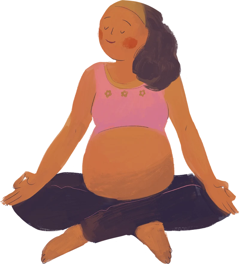 Illustration of a woman meditating cross-legged, preparing her body for pregnancy