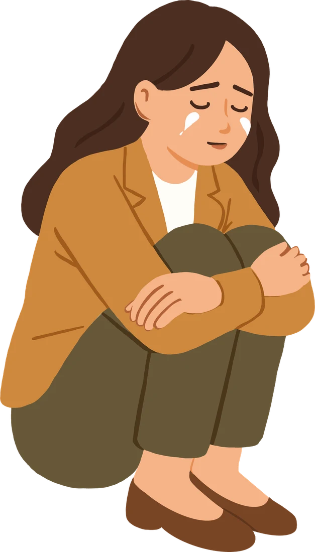 Illustration of a worried mother sitting alone, hugging her knees